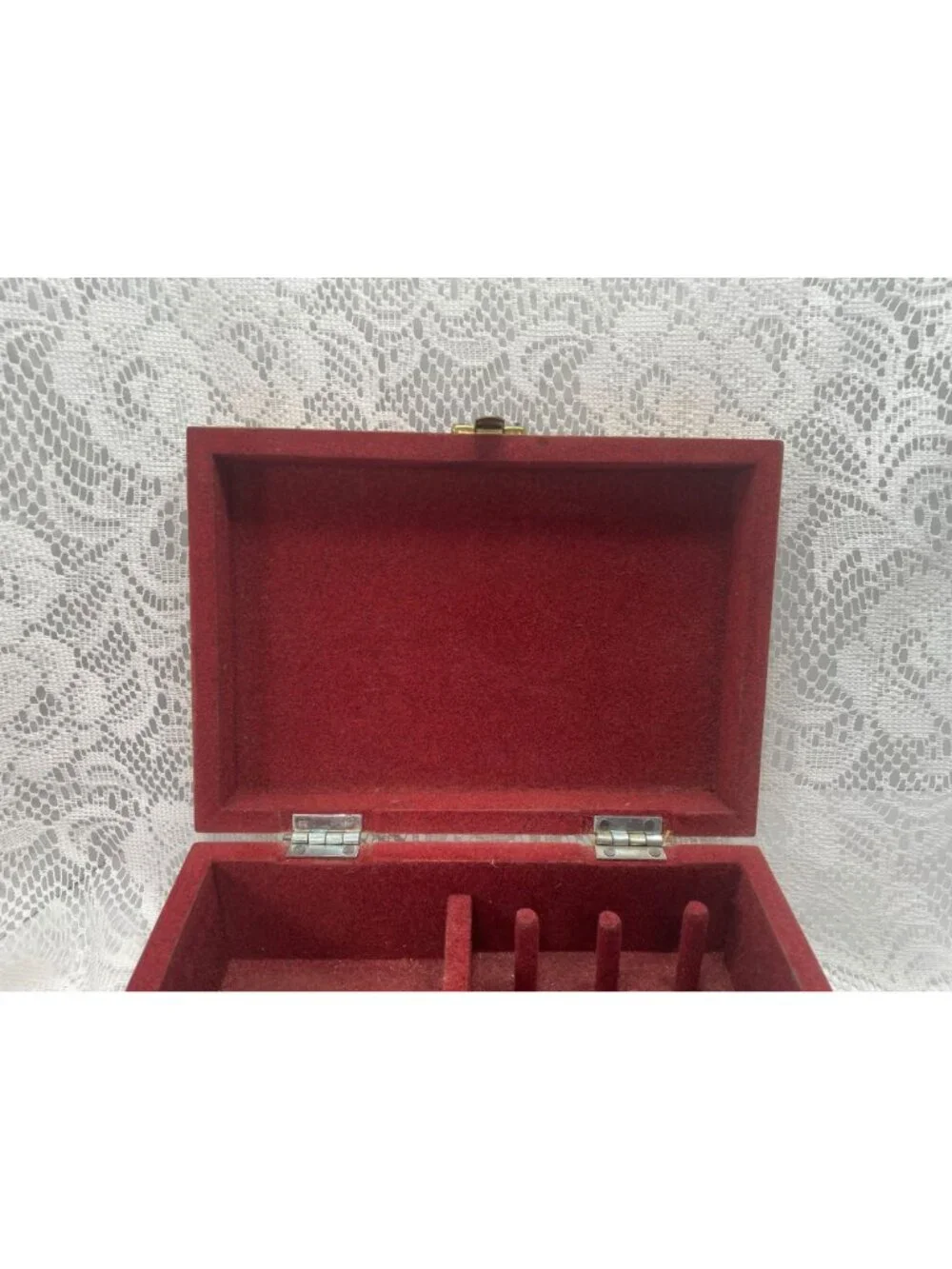 Handmade Wooden Jewelry Box With Floral Hand-Painted Design Red Felt Interior &
